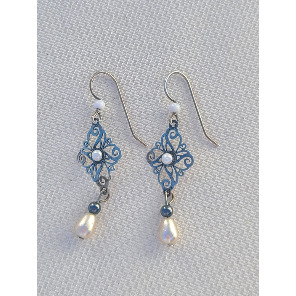 vintage 925 Sterling Silver Ear Hook Pearl Drop Earrings